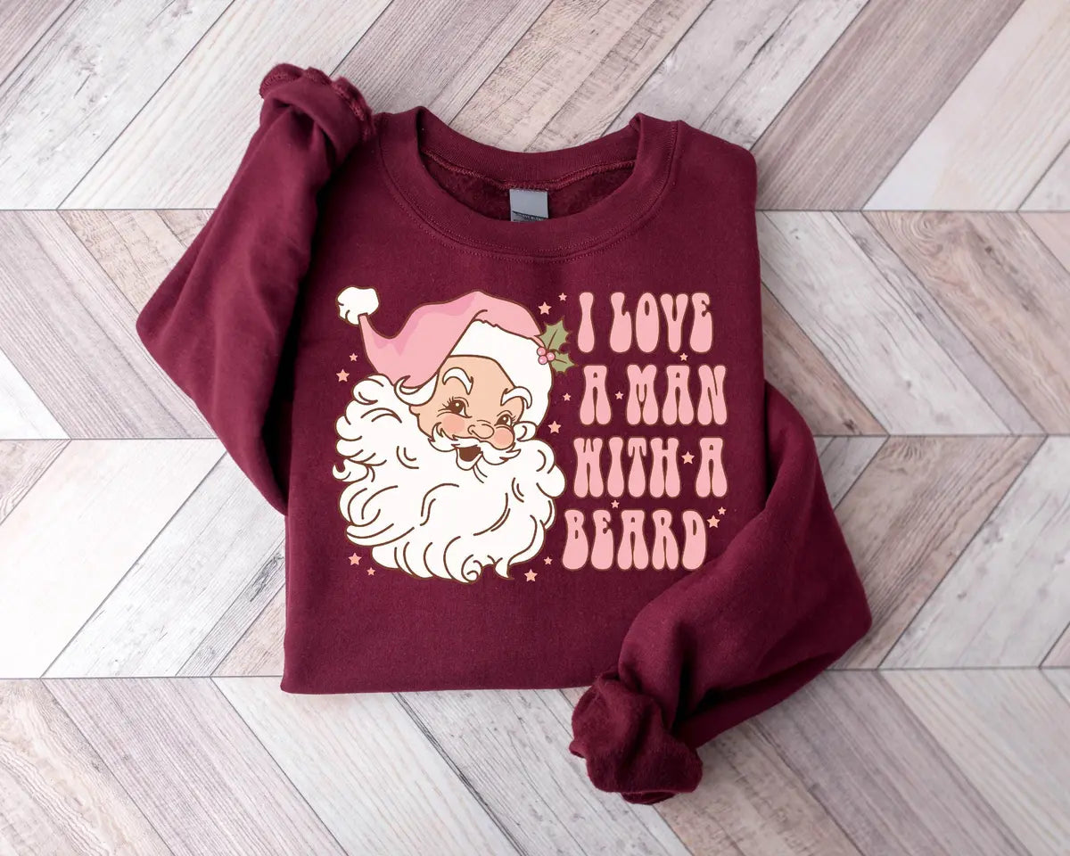 Funny Pink Santa Beard : Womens Christmas Crewneck Sweatshirt alternate product view.
