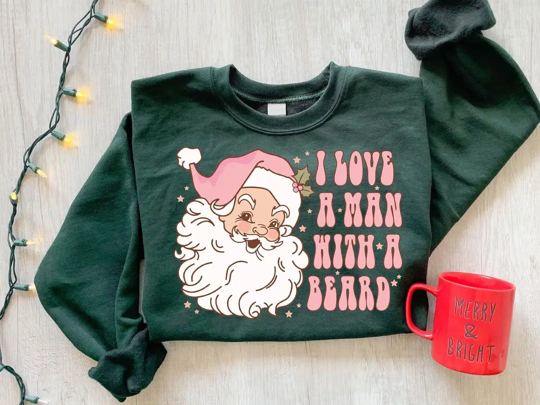 Funny Pink Santa Beard : Womens Christmas Crewneck Sweatshirt hero view.