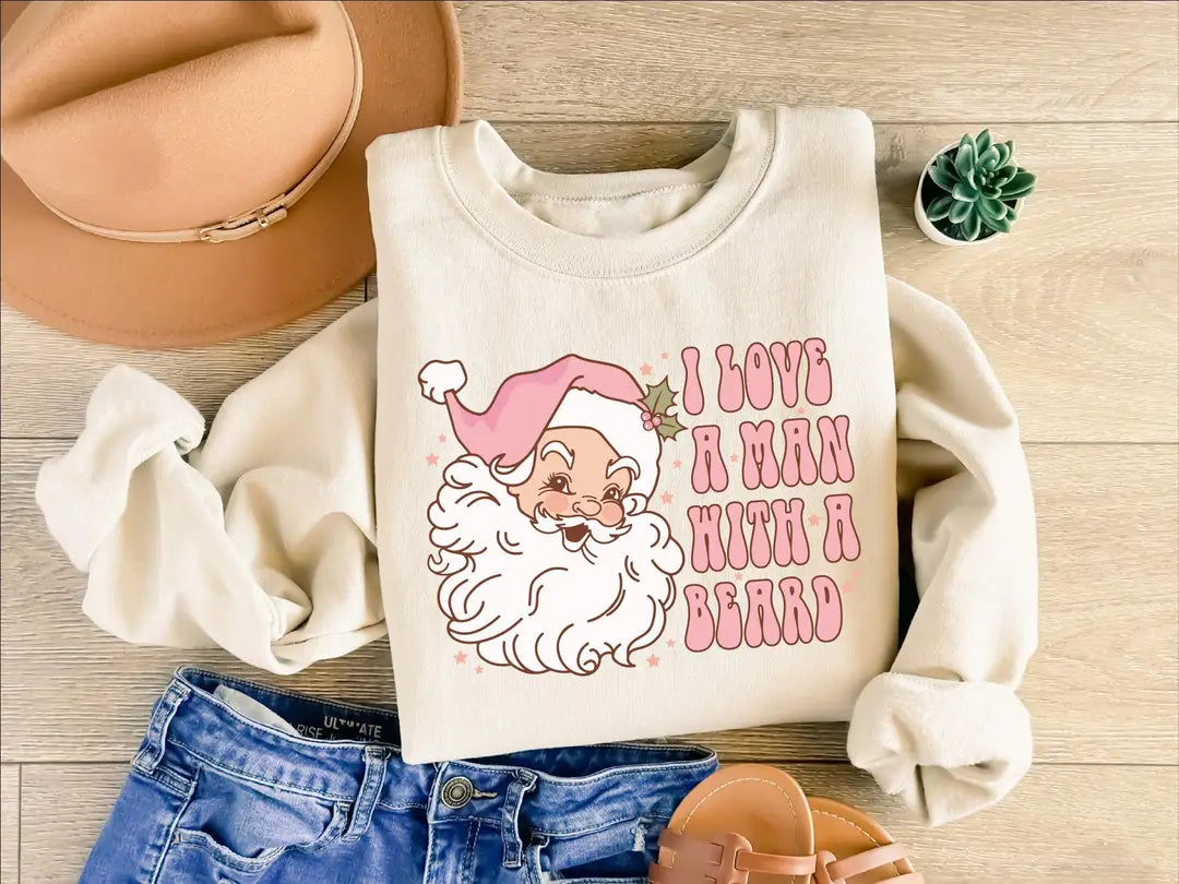 Pink Santa beard crewneck sweatshirt in Sand.