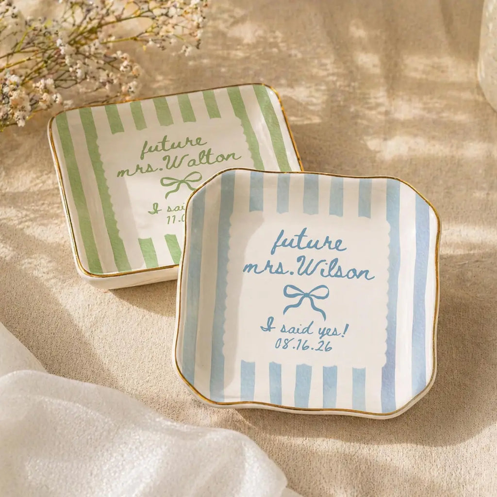 Close-up of Future Mrs Custom Names Date Engagement Ring Dish