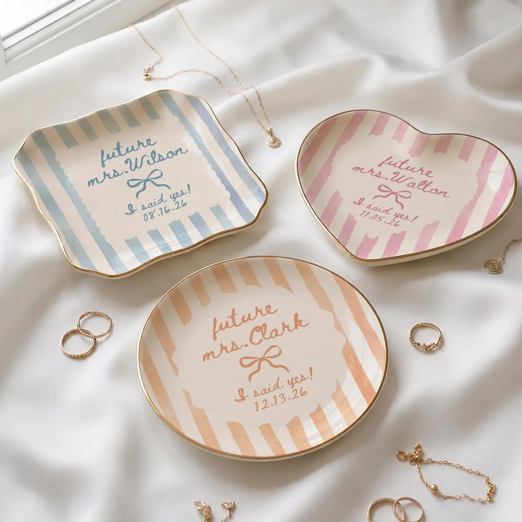 Close-up of Future Mrs Custom Names Date Engagement Ring Dish