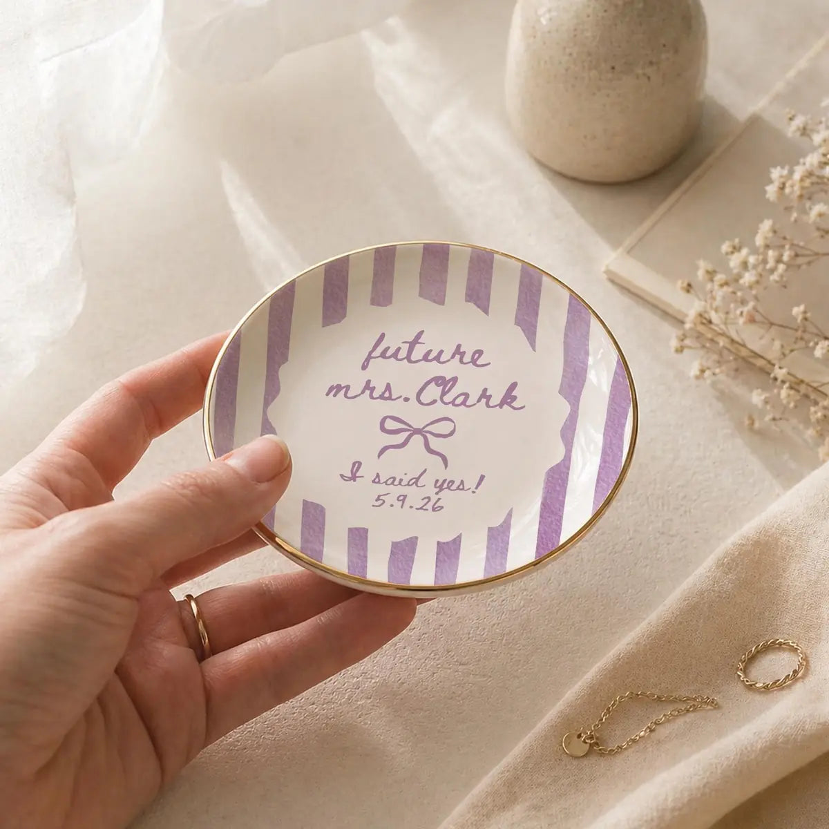 Close-up of Future Mrs Custom Names Date Engagement Ring Dish