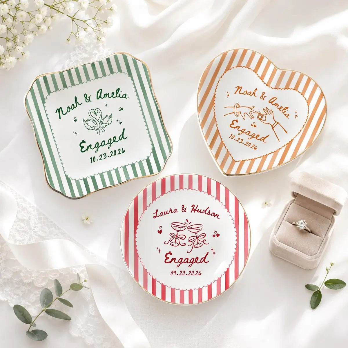 Personalized ceramic ring dish with custom photo and text for engaged, main front view