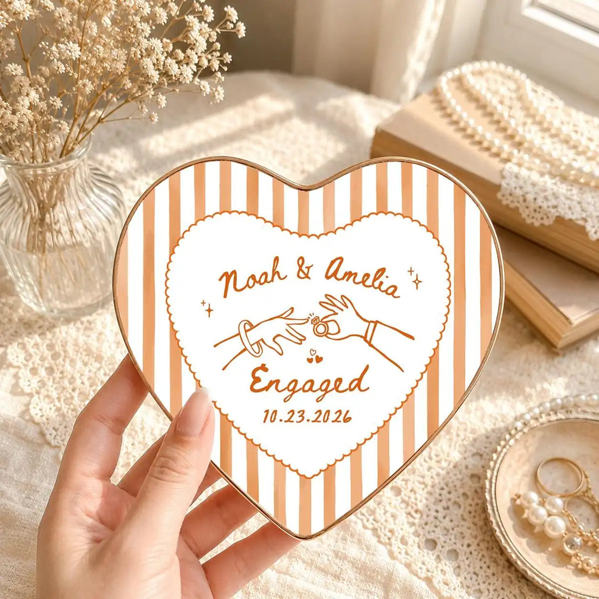 Custom photo engaged ring dish displayed elegantly on wooden bedroom nightstand