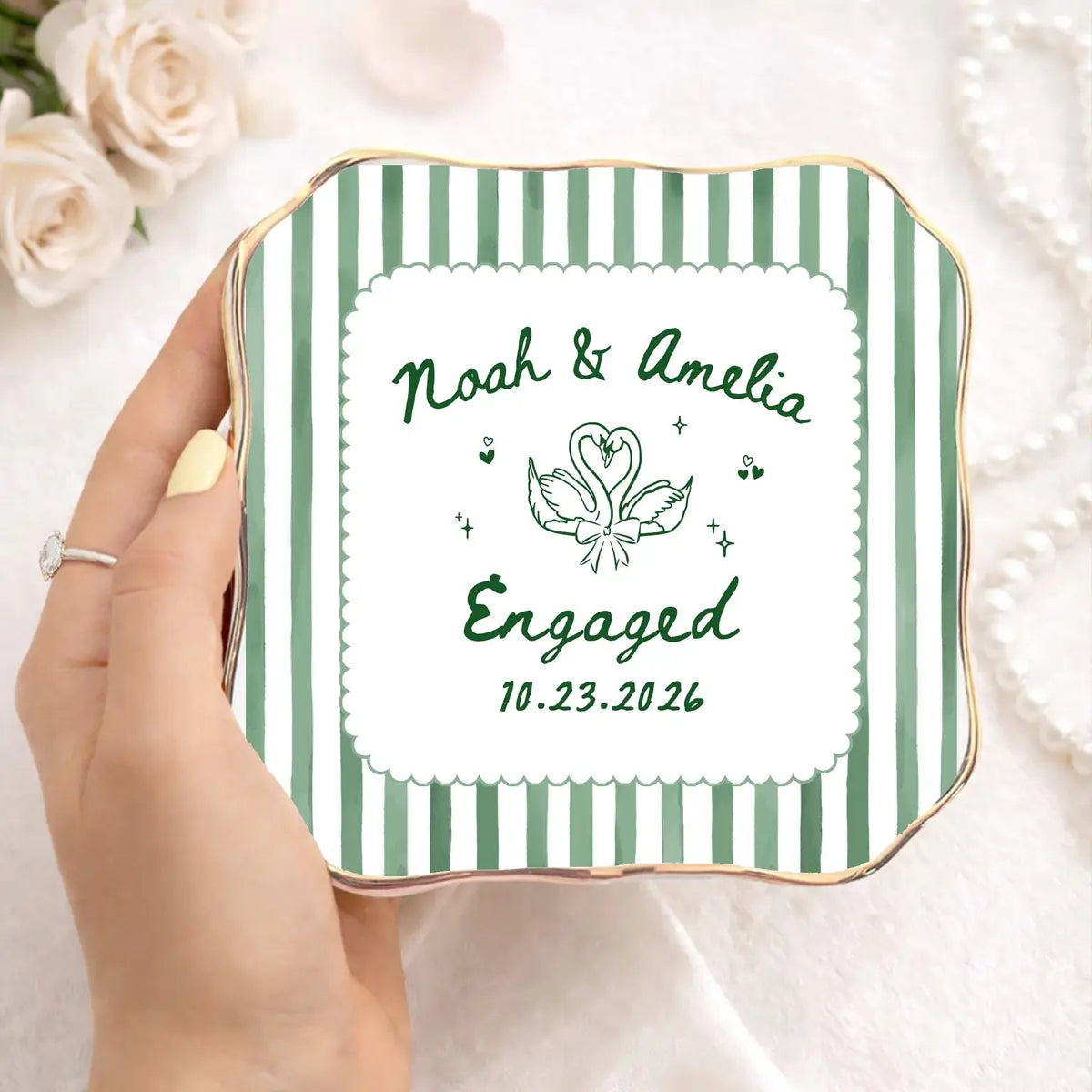 Custom photo engaged ring dish displayed elegantly on wooden bedroom nightstand