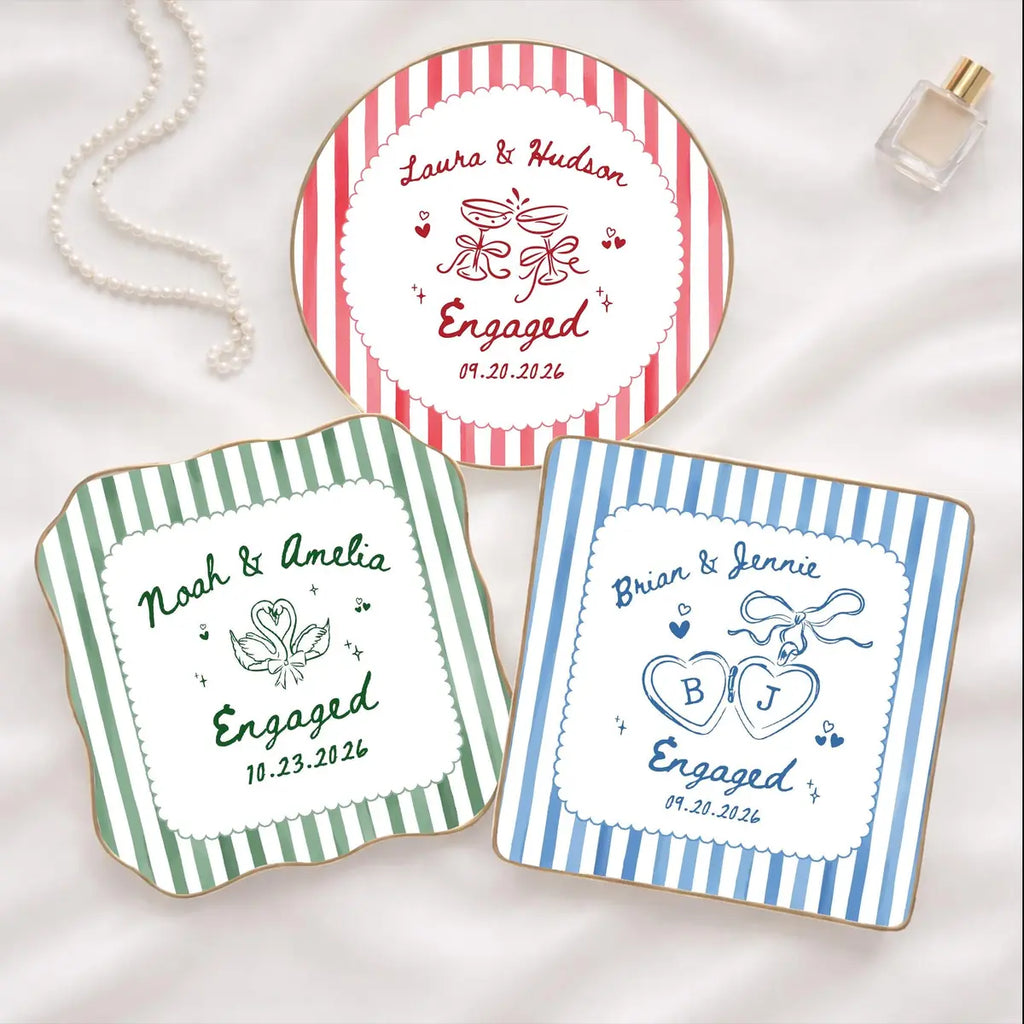 Custom photo engaged ring dish displayed elegantly on wooden bedroom nightstand