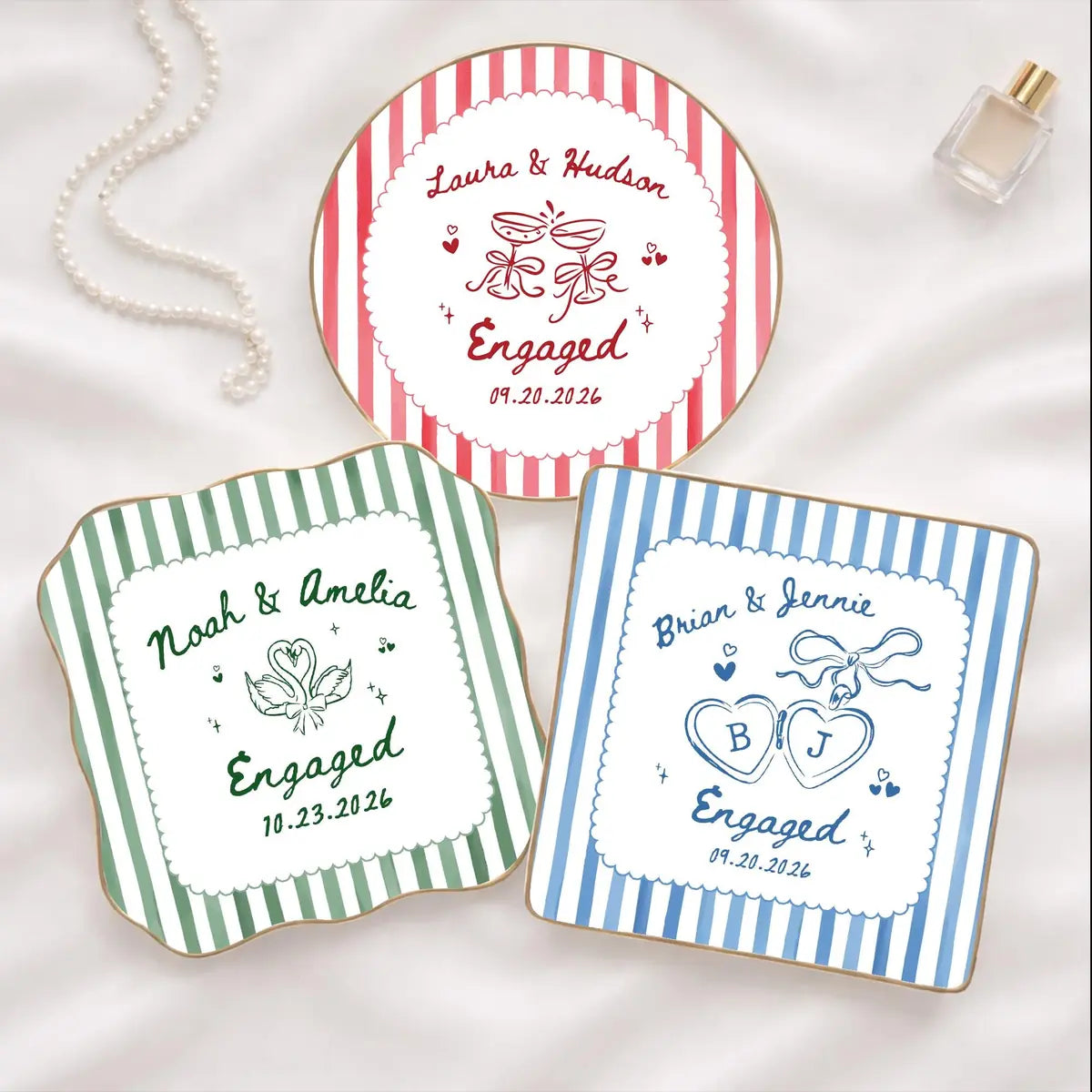 Custom photo engaged ring dish displayed elegantly on wooden bedroom nightstand