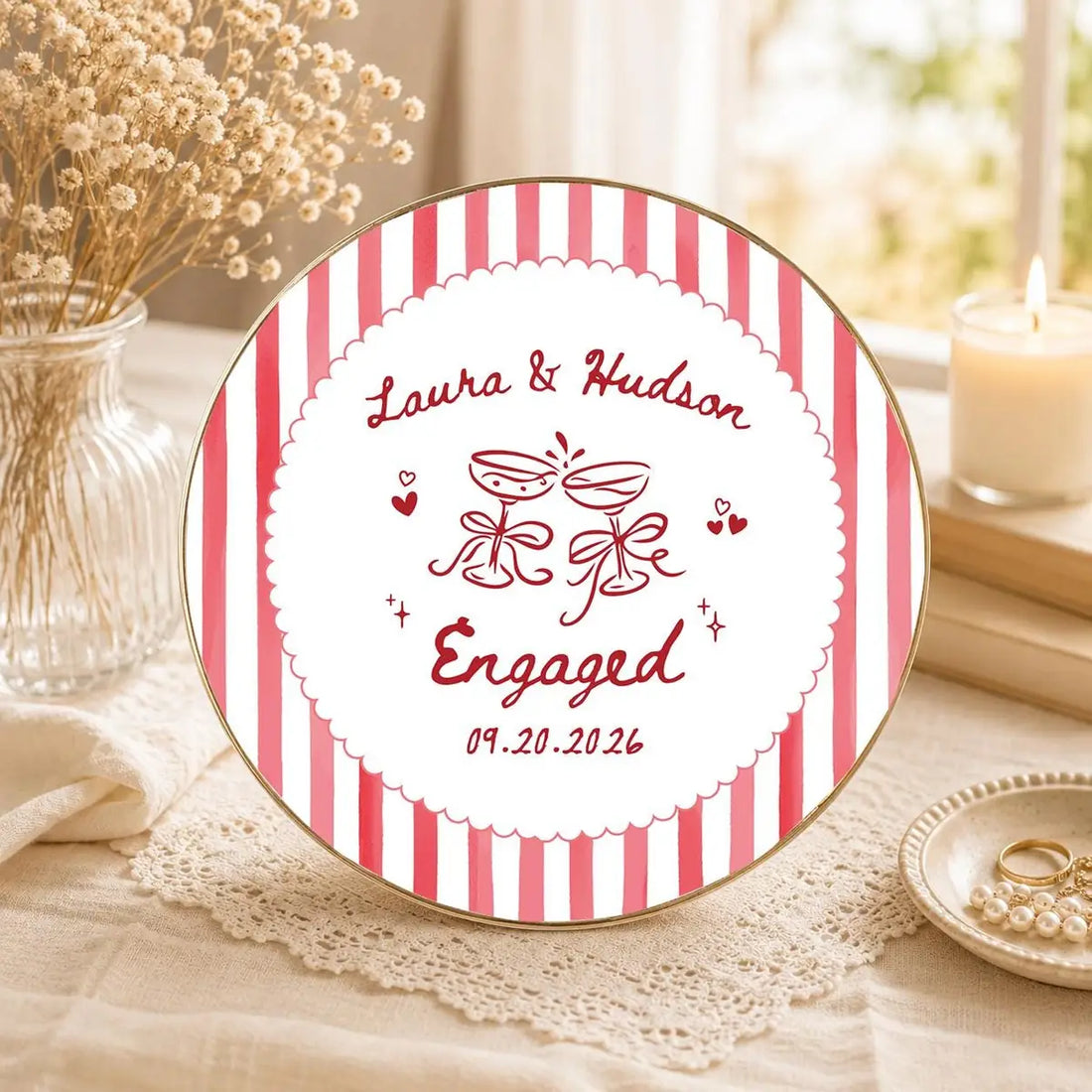 Custom photo engaged ring dish displayed elegantly on wooden bedroom nightstand