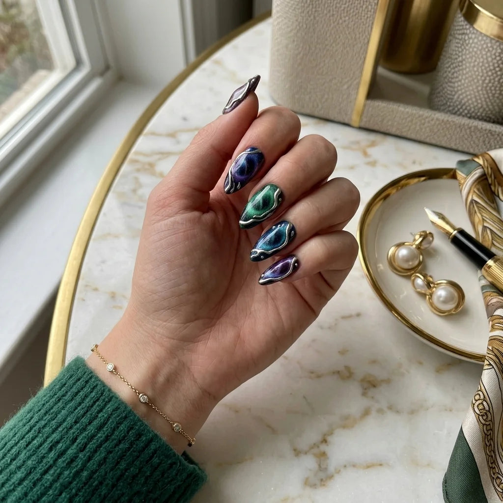 galaxy cat eye almond medium press on nails silver liquid detail 01