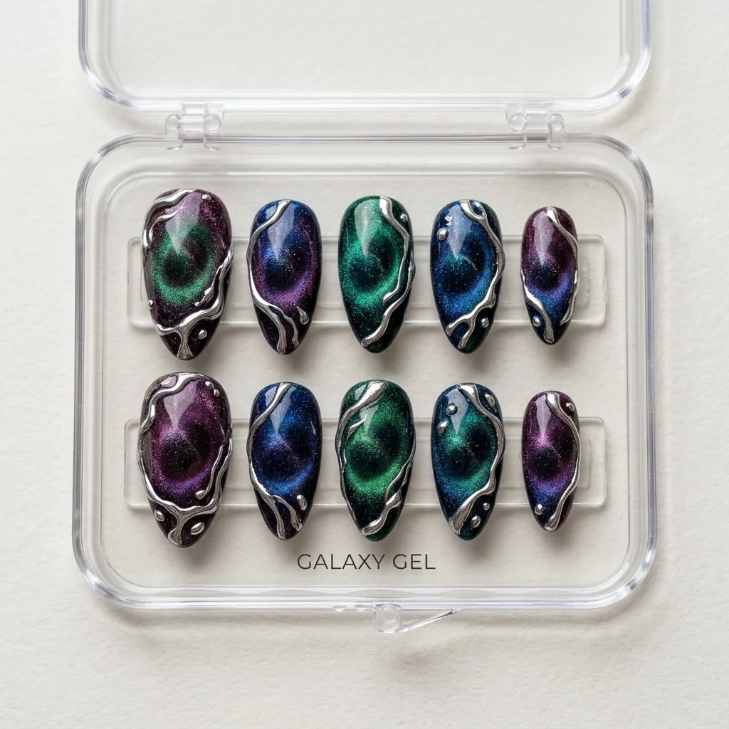 galaxy cat eye almond medium press on nails silver liquid mockup 02