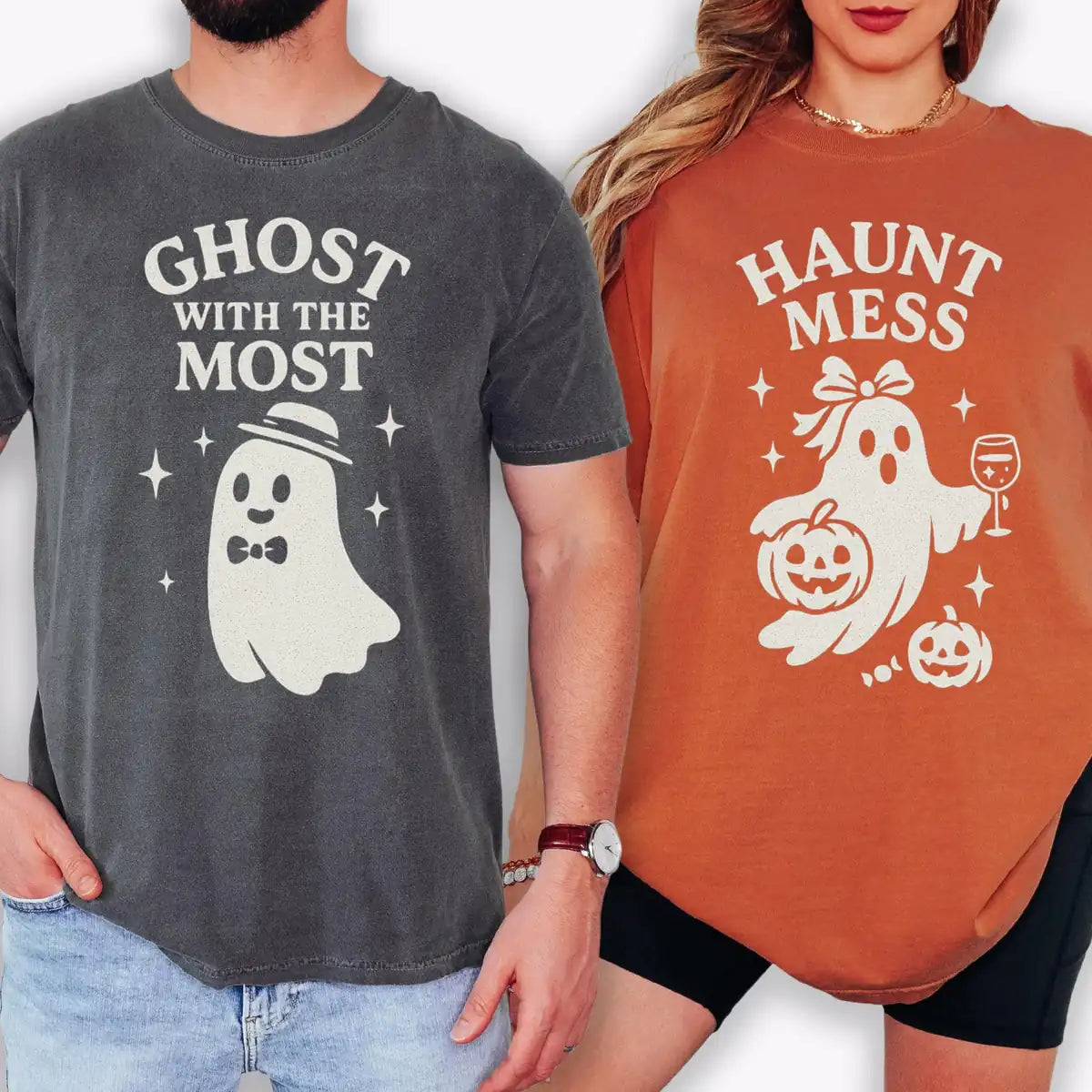 Comfort Colors T-shirt couple models featuring Ghost With The Most and Haunt Mess graphic