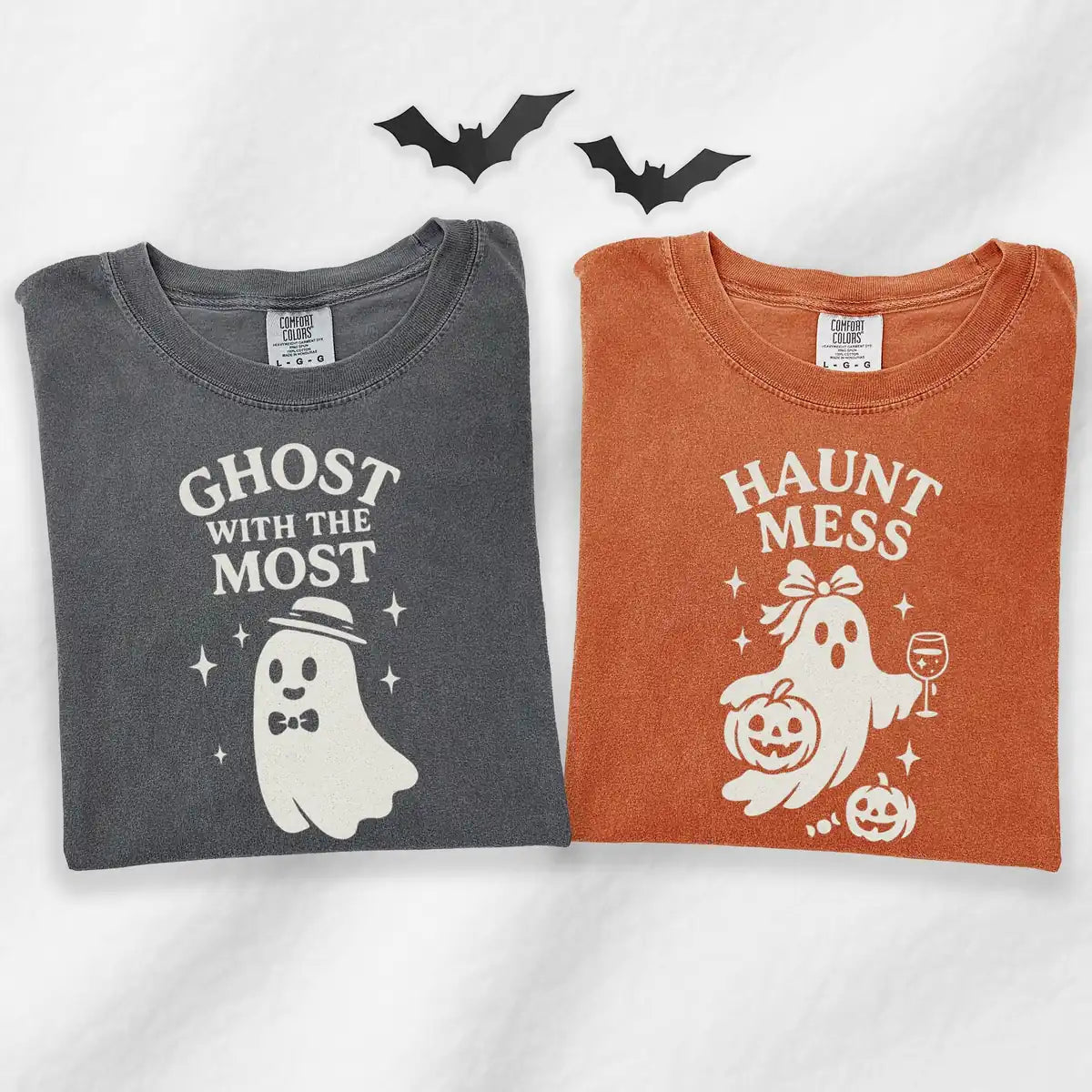 Comfort Colors T-shirt in Pepper and Terracotta featuring gentleman and lady ghost graphic
