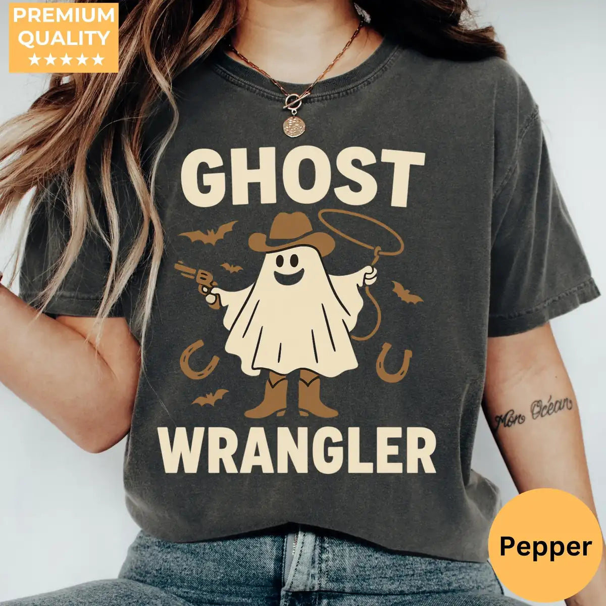 Comfort Colors T-shirt in Pepper featuring Ghost Wrangler cowboy ghost graphic