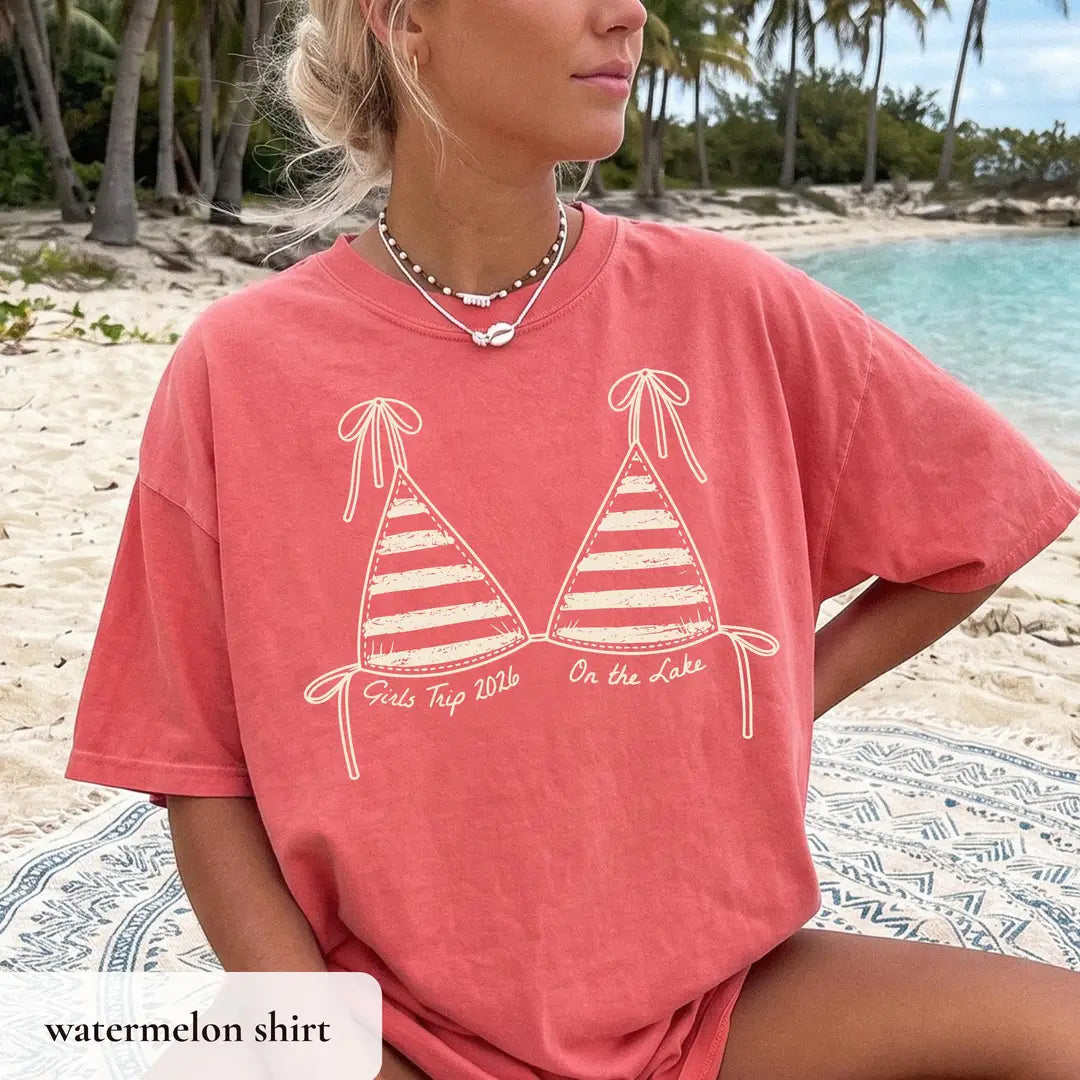 Comfort Colors T-shirt with Girls Trip celebration design; model photo.