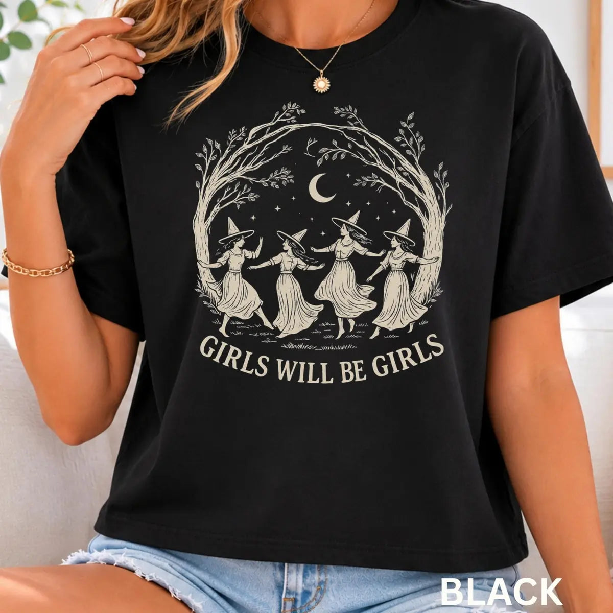 Comfort Colors T-shirt in Moss featuring dancing witches graphic