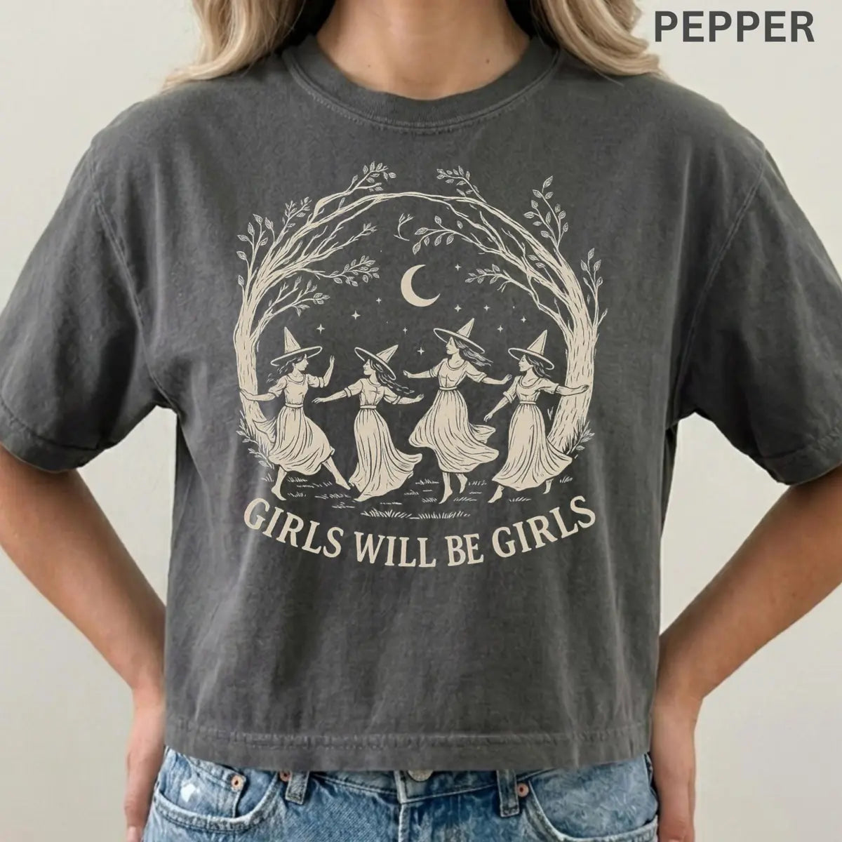 Comfort Colors T-shirt in Yam featuring dancing witches graphic
