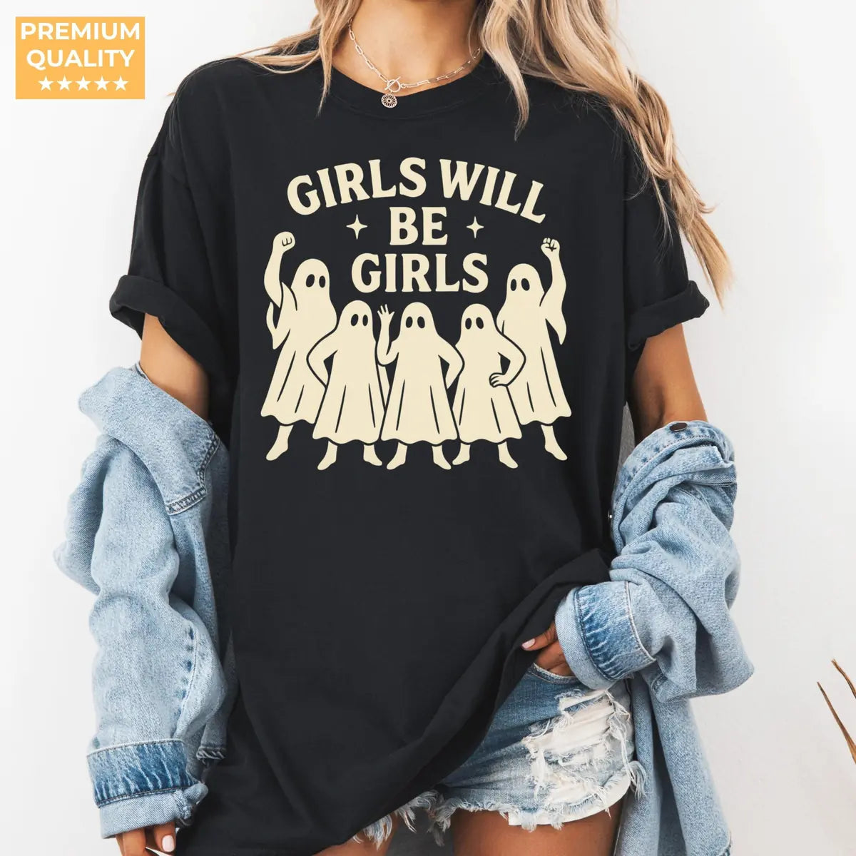 Comfort Colors T-shirt in Violet color featuring Girls Will Be Girls feminist ghosts graphic