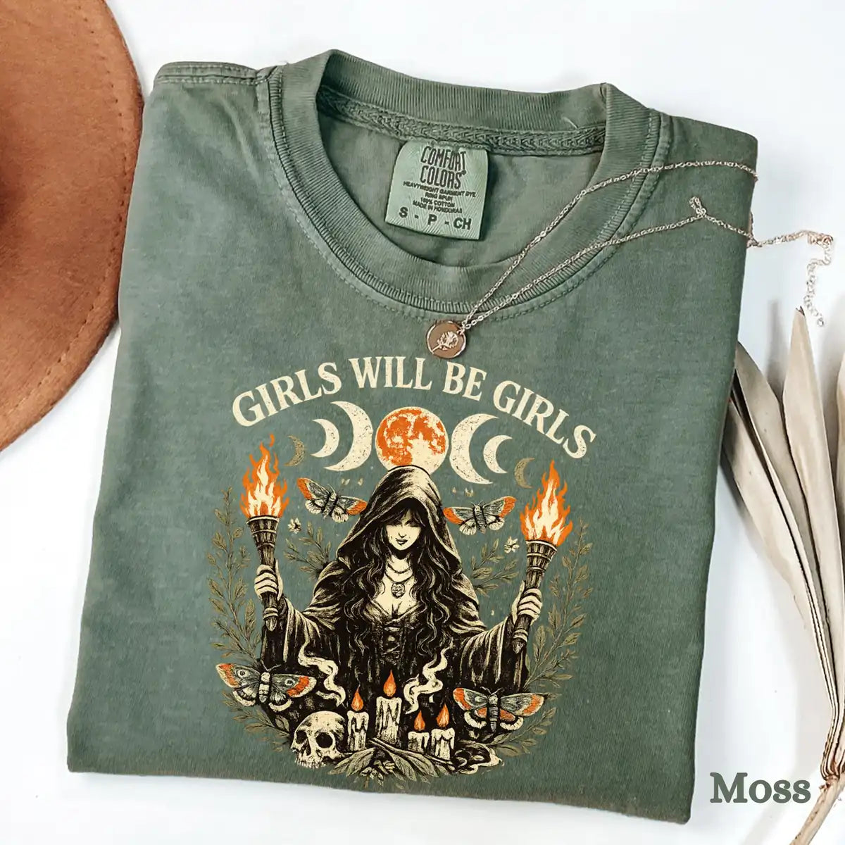Comfort Colors T-shirt in Pepper featuring witch holding torches graphic