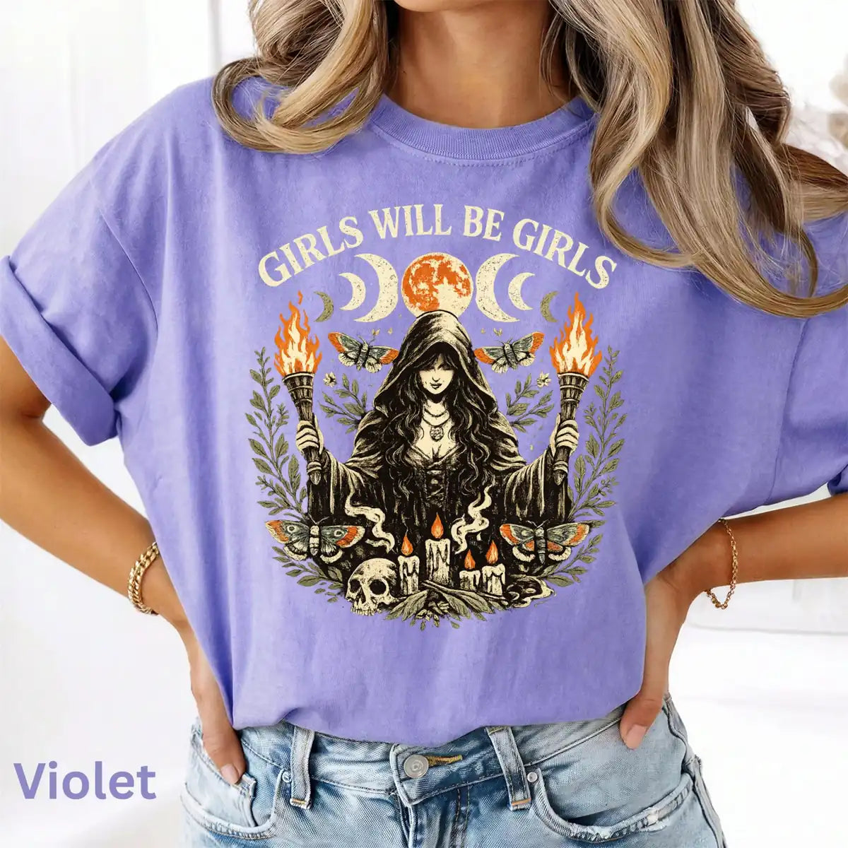 Comfort Colors T-shirt in Yam featuring witch holding torches graphic