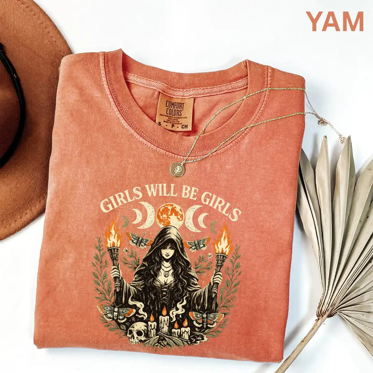 Comfort Colors T-shirt in Violet featuring witch holding torches graphic