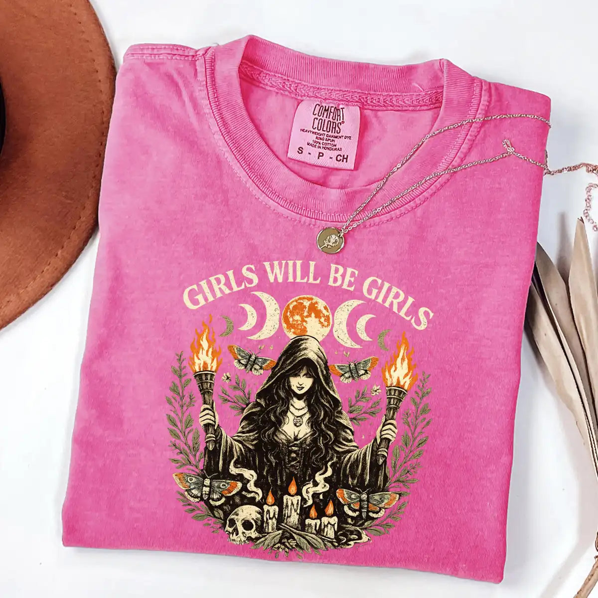 Comfort Colors T-shirt in Chambray featuring witch holding torches graphic