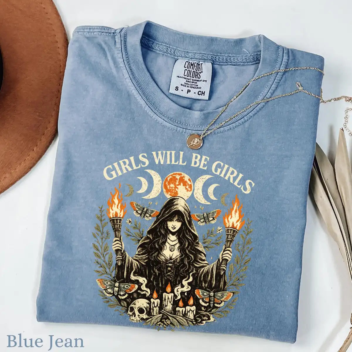 Comfort Colors T-shirt in Espresso featuring witch holding torches graphic