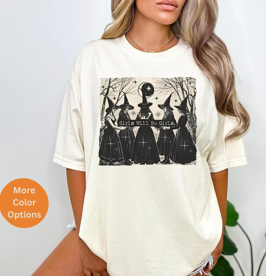 Comfort Colors T-shirt mockup showing Girls Will Be Girls Witches Halloween design