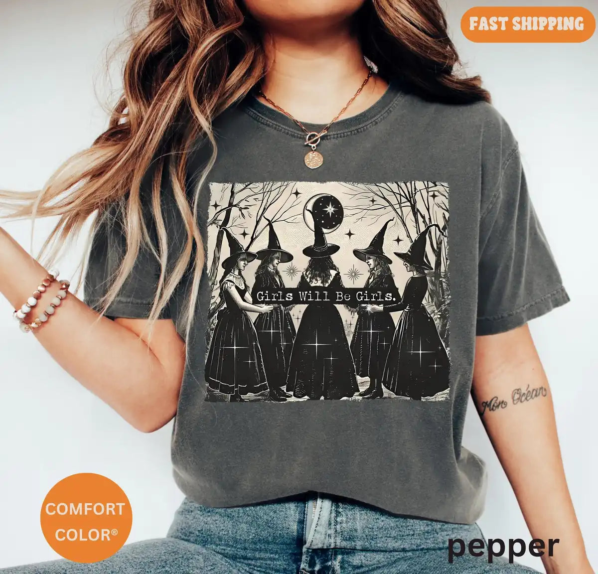 Woman wearing Black Girls Will Be Girls Witches - Vintage Halloween Comfort Colors T-Shirt