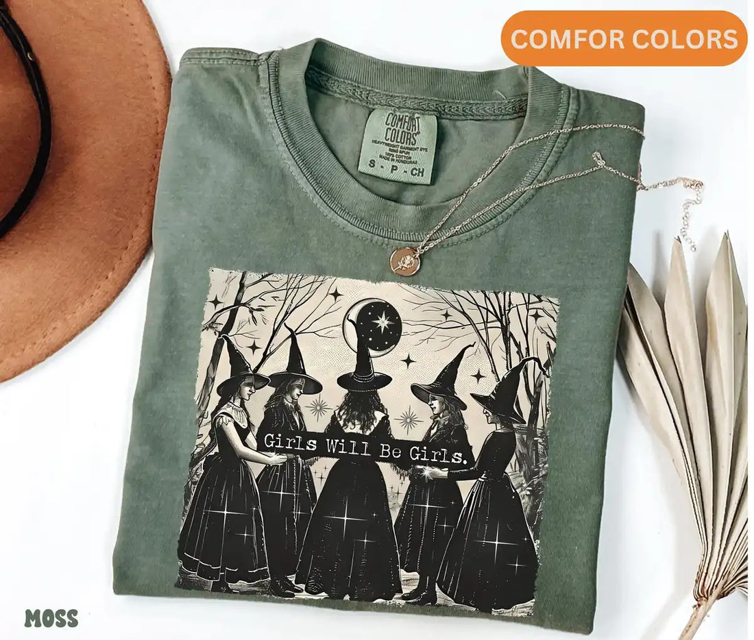 Comfort Colors T-shirt mockup showing Girls Will Be Girls Witches Halloween design