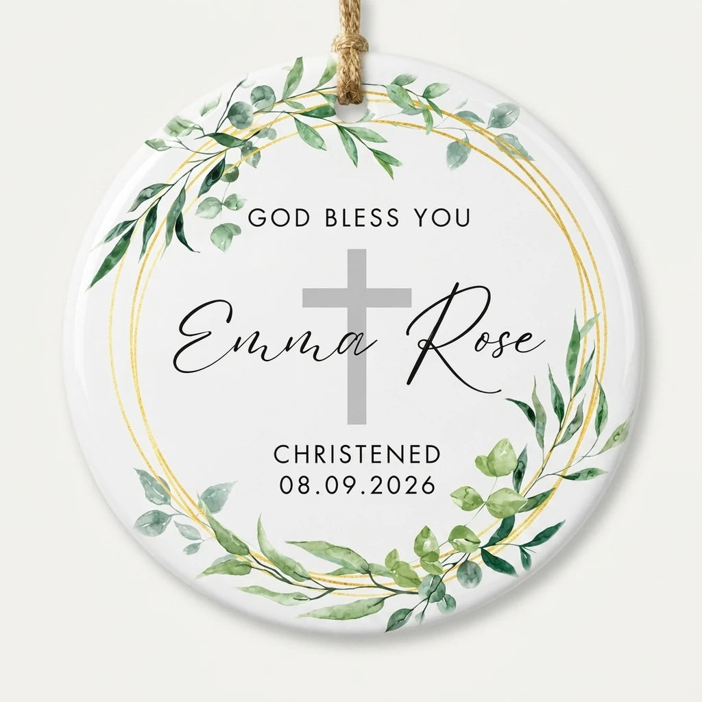 god bless you baptism cross floral personalized ornament hero
