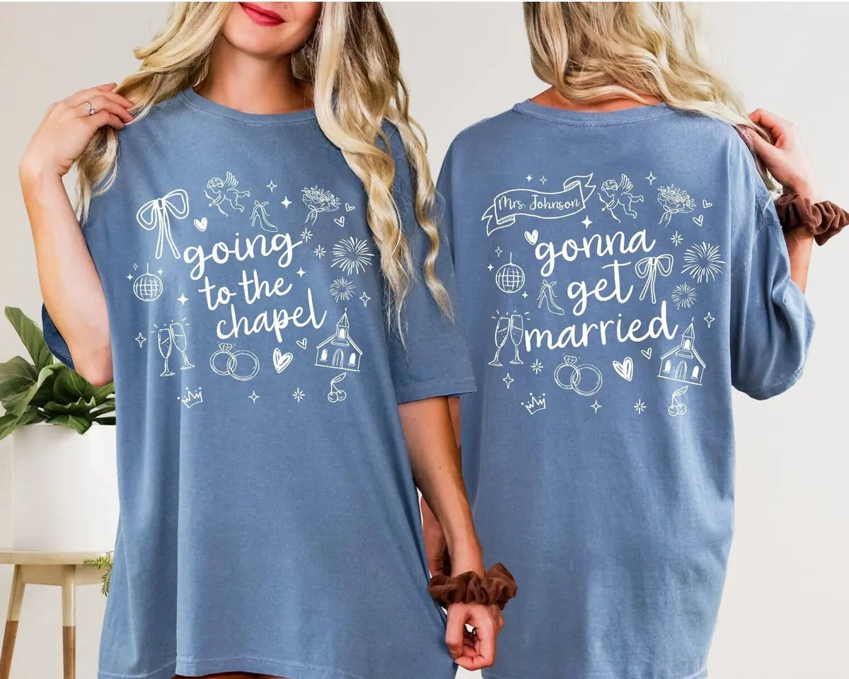 Going To The Chapel Gonna Get Married - Custom Name - Coquette Bachelorette Party Comfort Colors T-Shirt - Comfort Colors T-Shirt Mockup Image