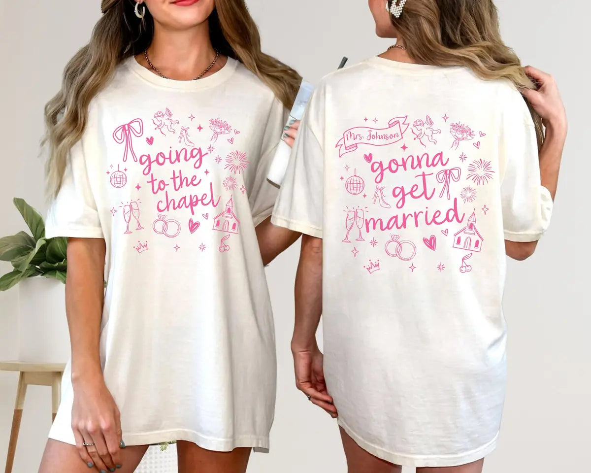 Going To The Chapel Gonna Get Married - Custom Name - Coquette Bachelorette Party Comfort Colors T-Shirt - Comfort Colors T-Shirt Mockup Image