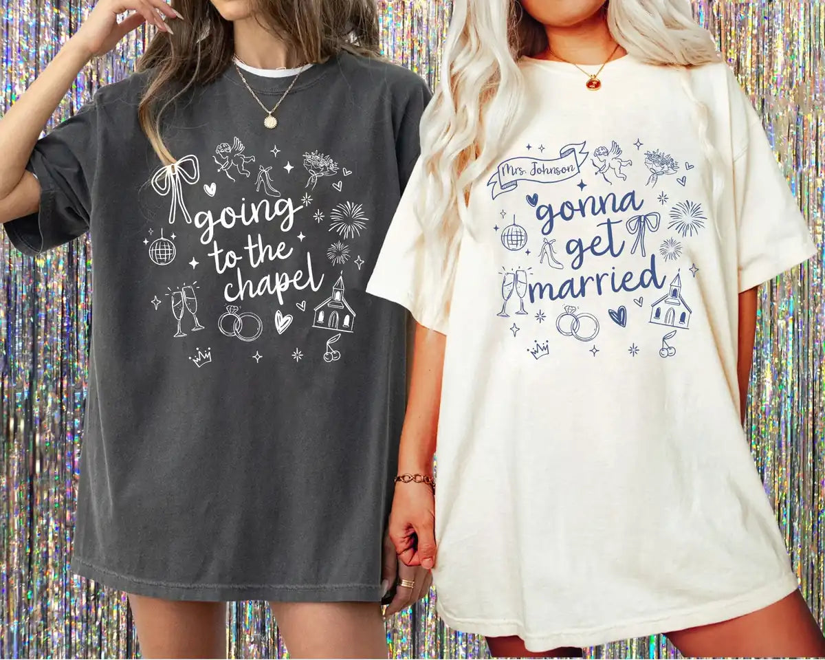 Going To The Chapel Gonna Get Married - Custom Name - Coquette Bachelorette Party Comfort Colors T-Shirt - Comfort Colors T-Shirt Size & Fit Chart