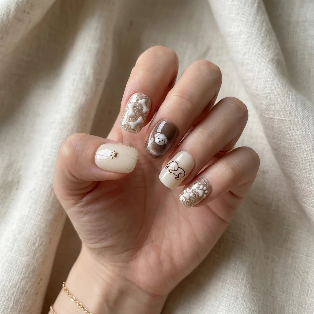 gold brown white 3d cat eye square short press on nails dog paw bone detail 01