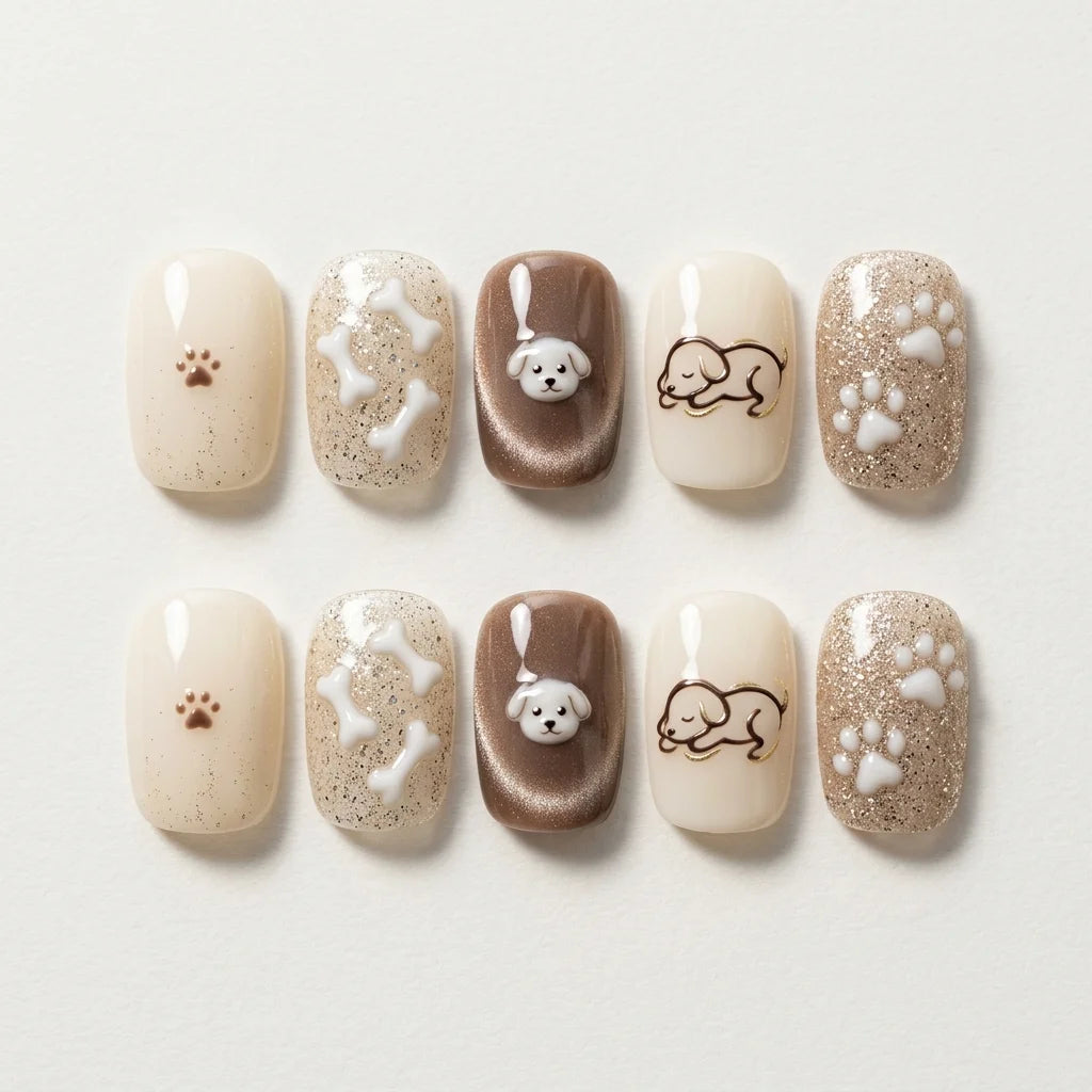 gold brown white 3d cat eye square short press on nails dog paw bone lifestyle 01