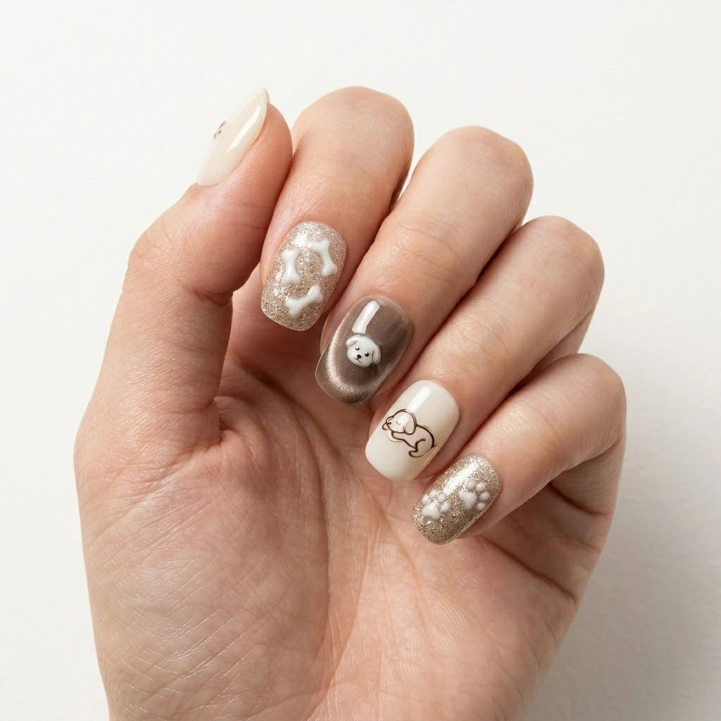 gold brown white 3d cat eye square short press on nails dog paw bone mockup 01
