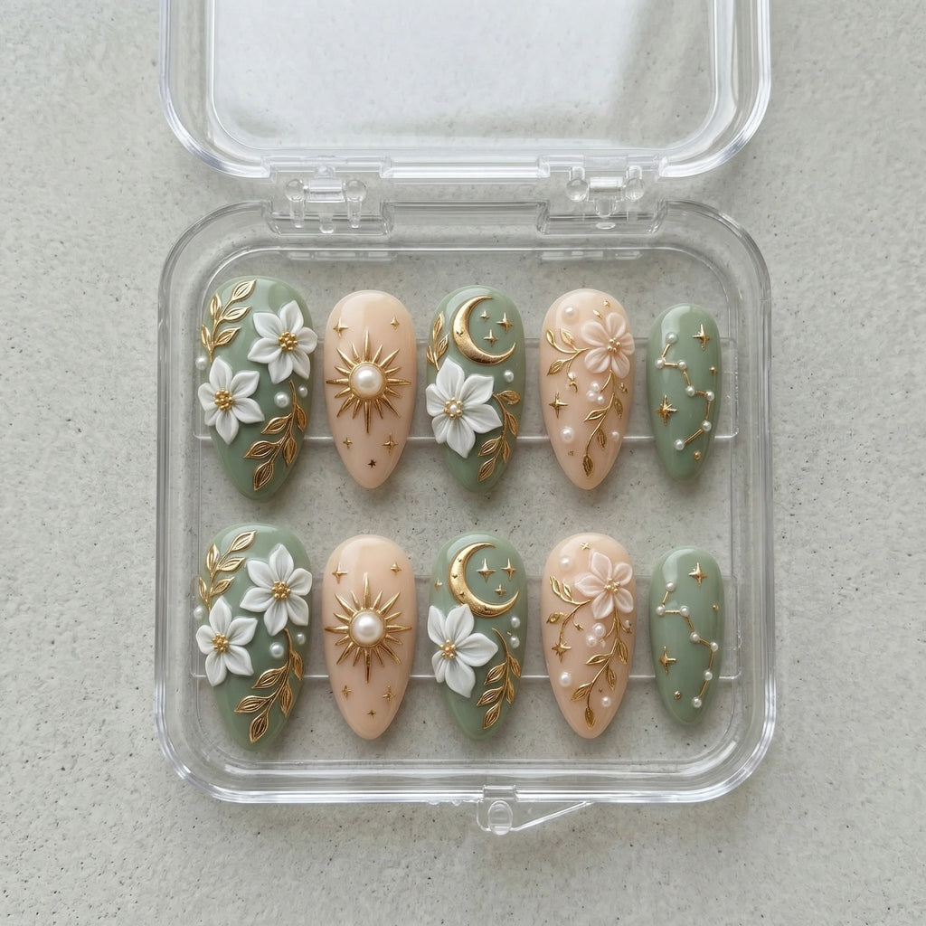 gold metallic accents almond medium press on nails flat lay 01
