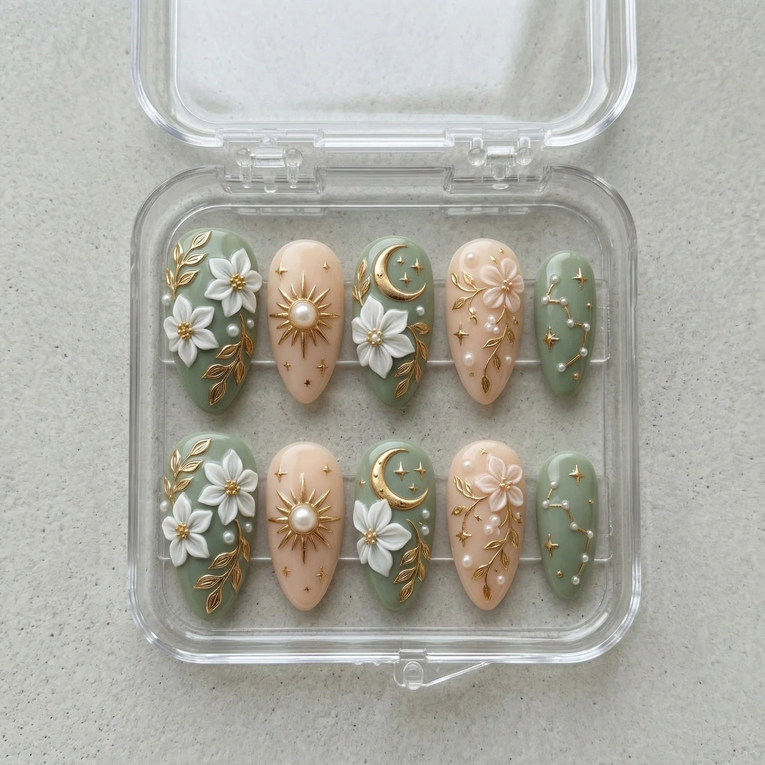 sage green metallic almond medium press on nails celestial floral mockup 01
