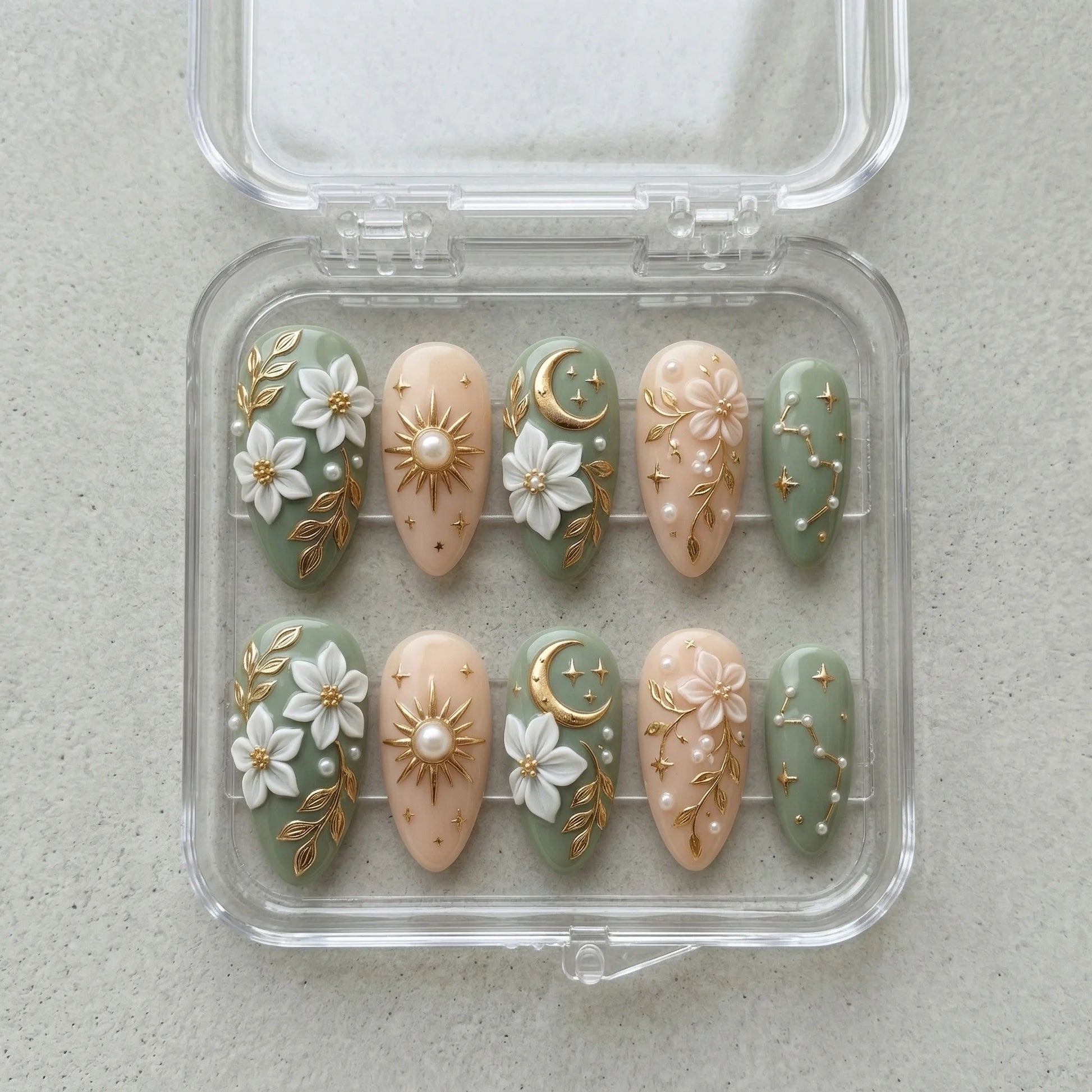 gold metallic accents almond medium press on nails flat lay 01