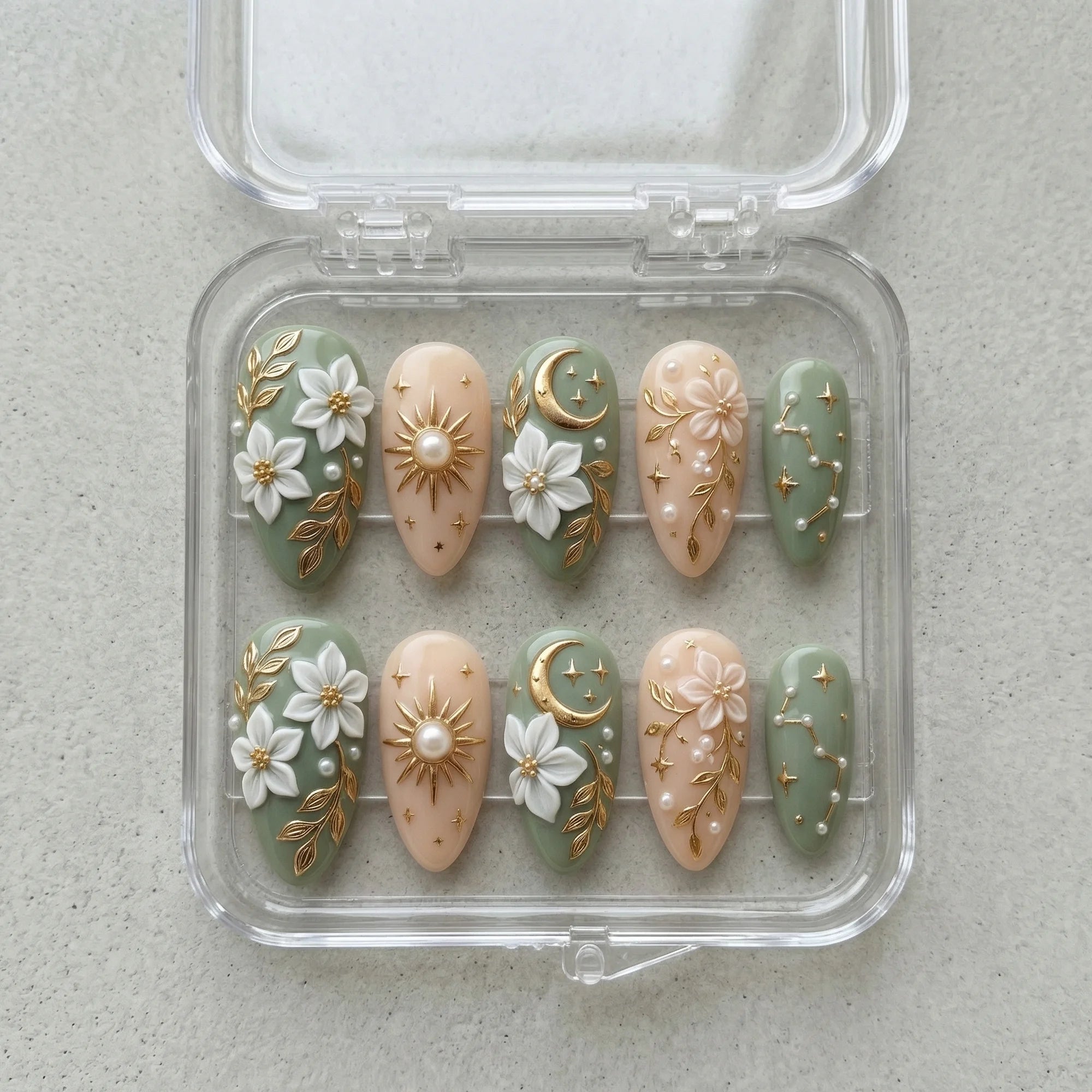 gold metallic accents almond medium press on nails flat lay 01