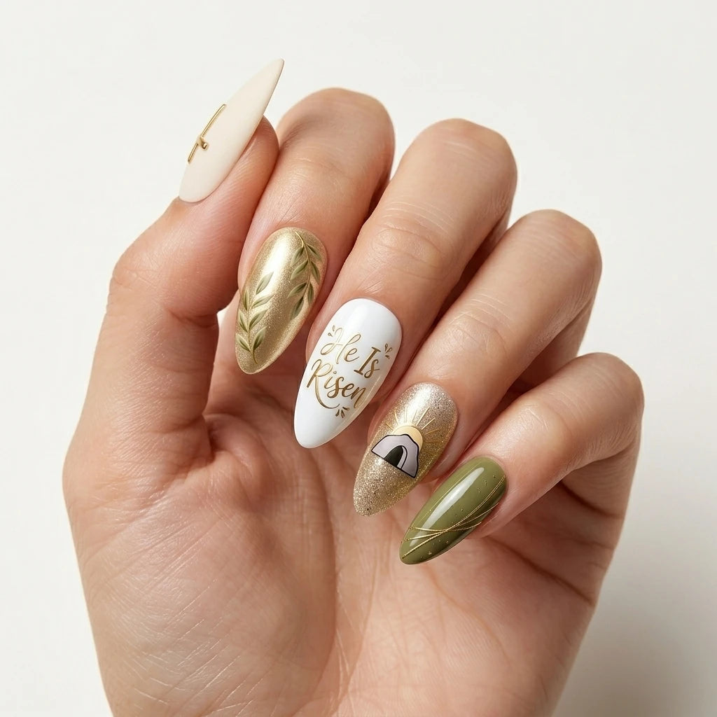 gold white green 3d chrome easter almond press on nails cross sun leaf detail 01