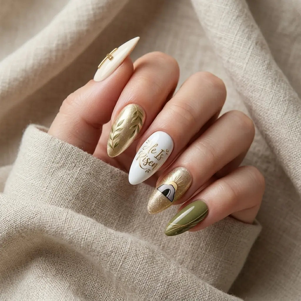 gold white green 3d chrome easter almond press on nails cross sun leaf flat lay 01