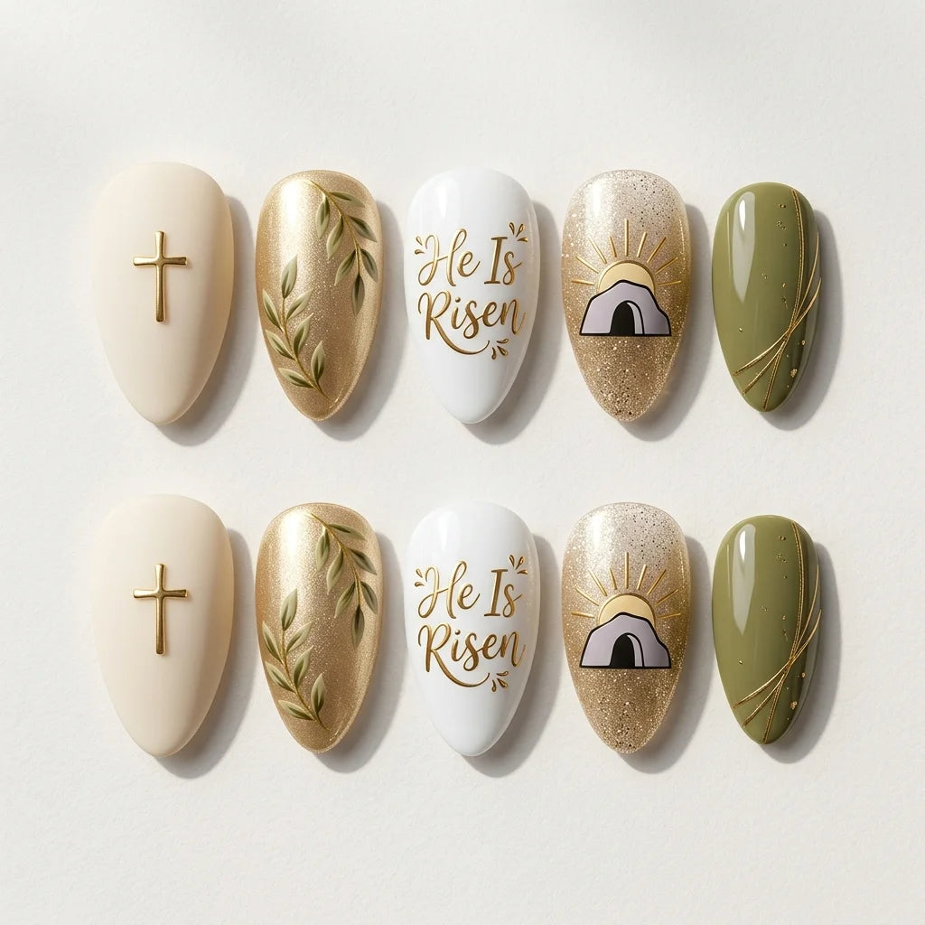 gold white green 3d chrome easter almond press on nails cross sun leaf lifestyle 01