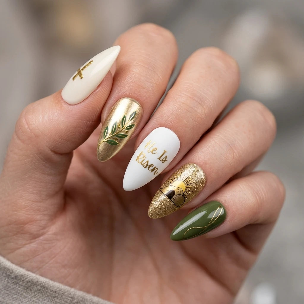 gold white green 3d chrome easter almond press on nails cross sun leaf mockup 01