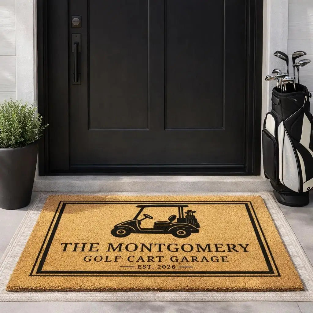 golf cart garage custom entryway personalized doormat flat lay 04
