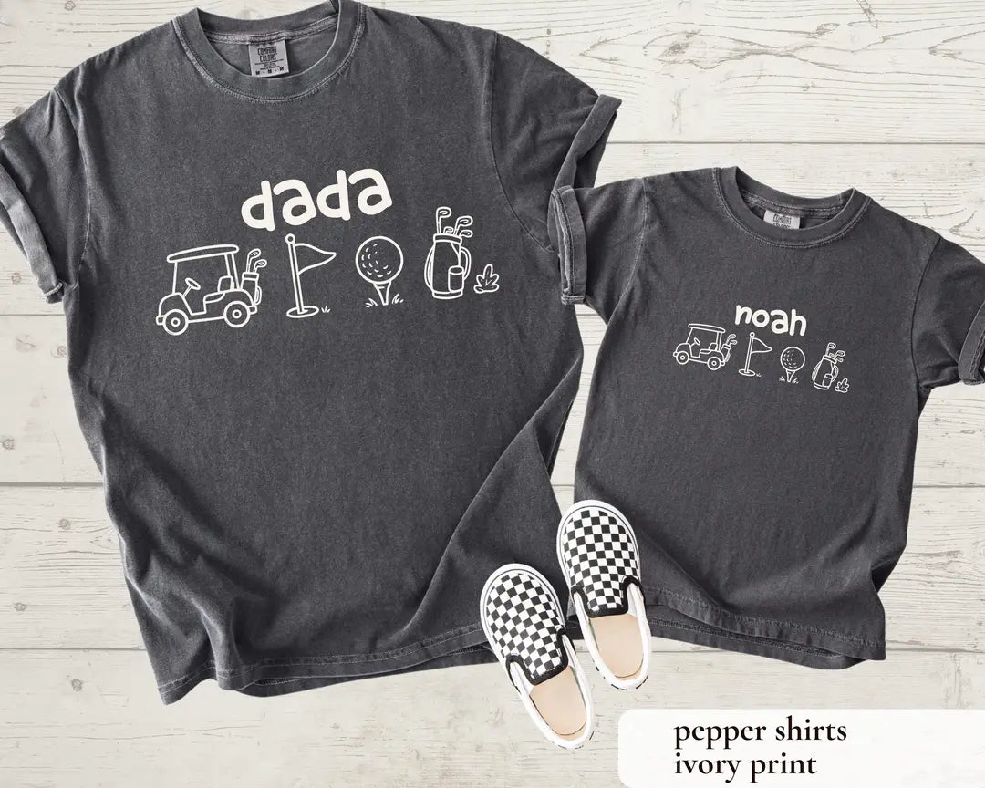 Comfort Colors T-shirt with Golf First Birthday Matching Family Shirts Mama Dada Personalized Name celebration design; model photo.