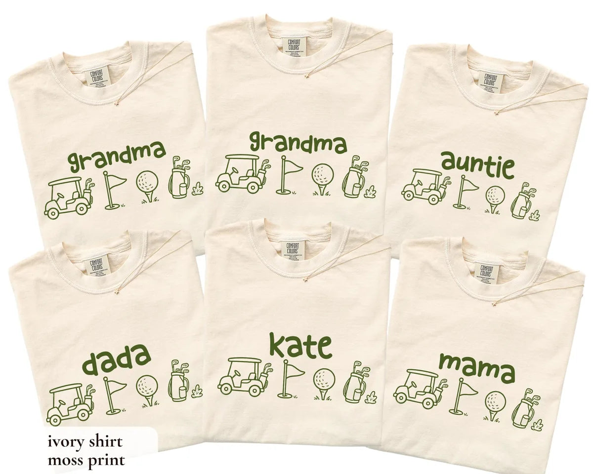 Golf First Birthday Matching Family Shirts Mama Dada Personalized Name graphic Comfort Colors T-shirt, additional product photograph.
