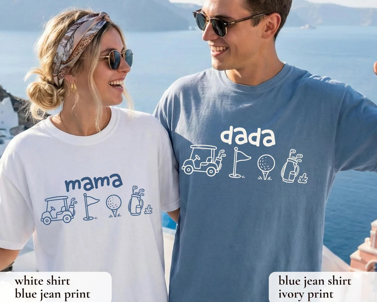 Golf First Birthday Matching Family Shirts Mama Dada Personalized Name graphic Comfort Colors T-shirt, additional product photograph.
