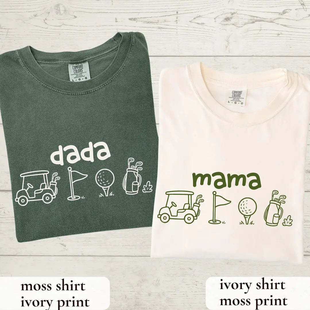 Golf First Birthday Matching Family Shirts Mama Dada Personalized Name graphic Comfort Colors T-shirt, additional product photograph.
