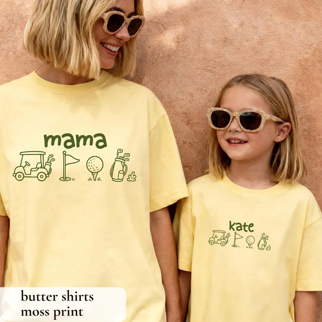 Comfort Colors T-shirt with Golf First Birthday Matching Family Shirts Mama Dada Personalized Name celebration design; model photo.